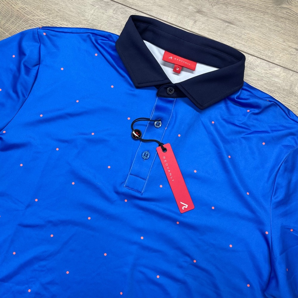 REDVANLY Ramey Polo Mens M Marine Blue Orange Polka Dot Athletic Luxury PUREpoly